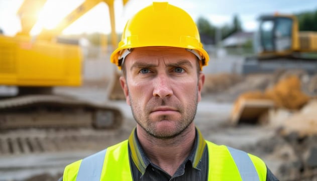 A construction worker standing directly in front, facing the viewer, wearing a yellow safety helmet and reflective vest, visible from the chest up to