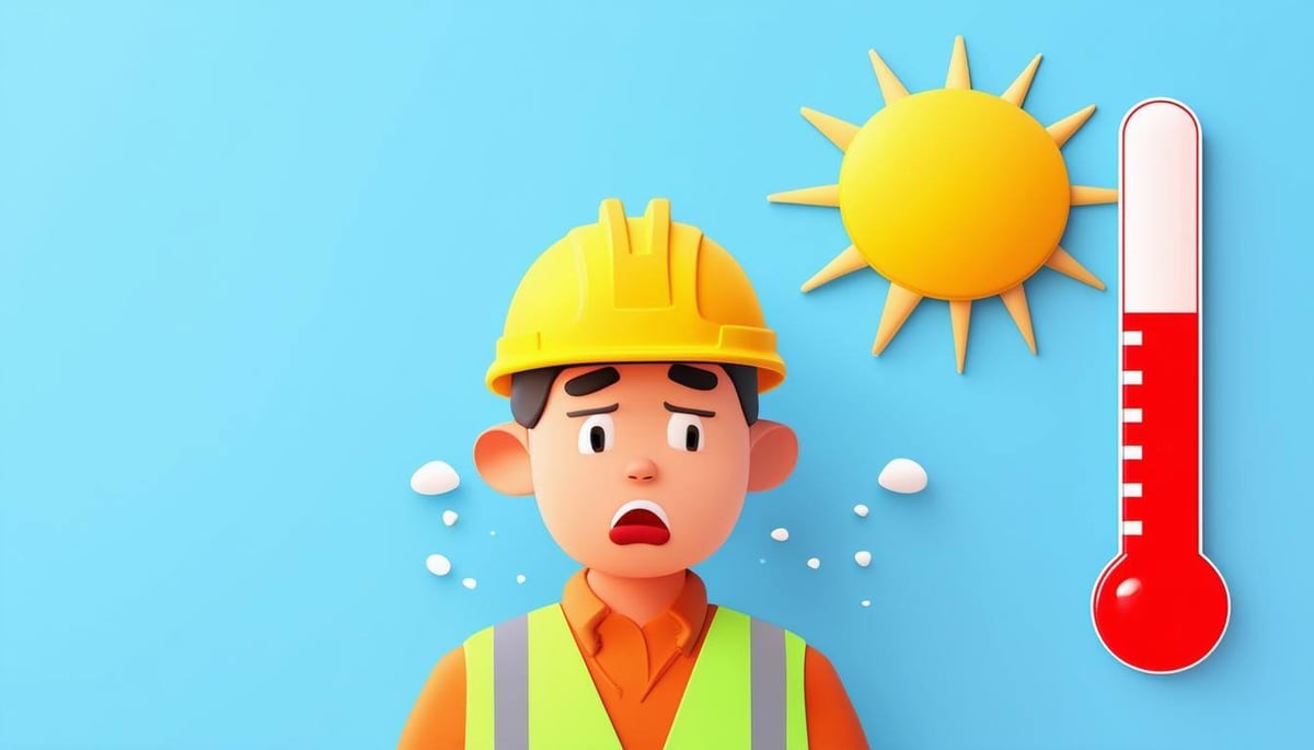 Cartoonstyle illustration of a construction worker wearing a yellow safety helmet and reflective vest, looking dizzy, sweating under a bright yellow s